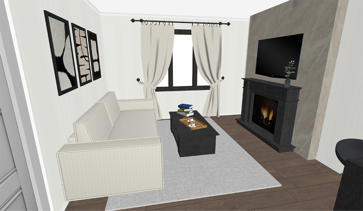 Интерьер гостиной с камином