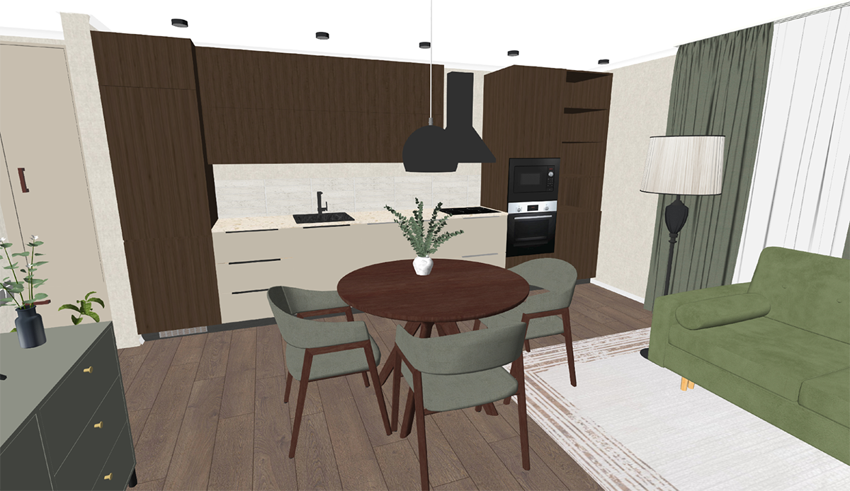 Интерьер кухни-гостиной с обеденным столиком