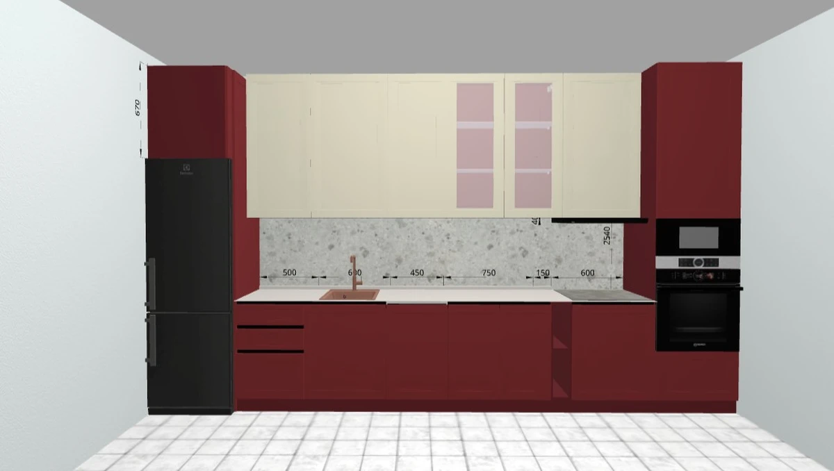 Прямая кухня в красном цвете