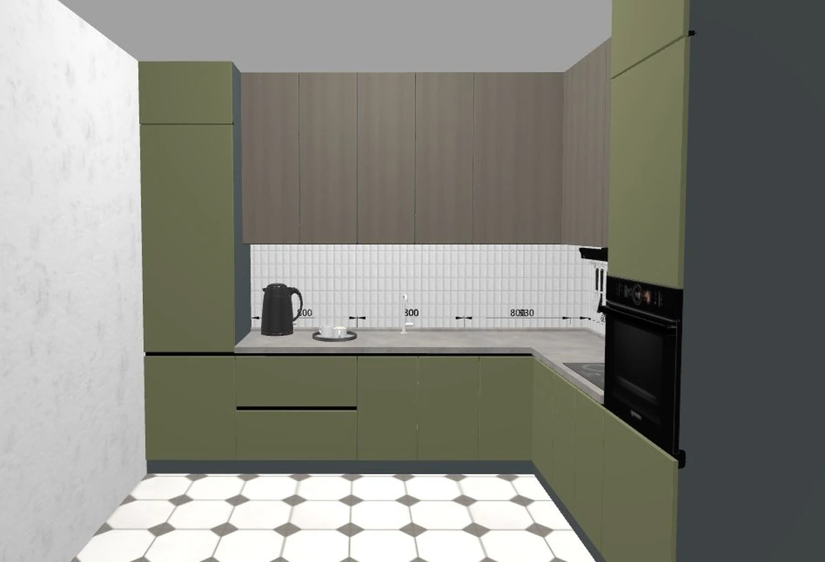 Проект угловой кухни в зеленом цвете